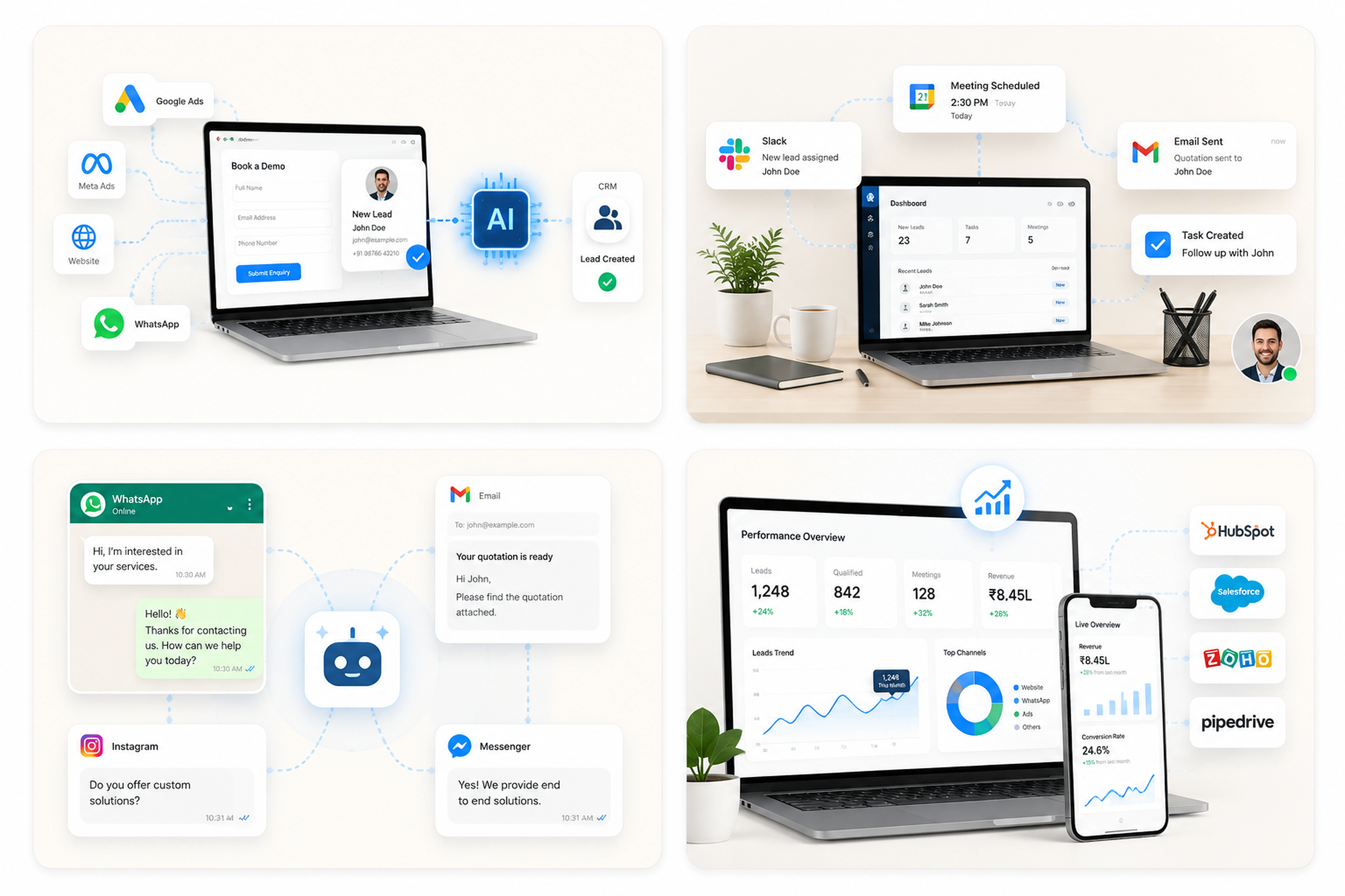 AI automation flow across lead capture, communication, team workflow and reporting — with WhatsApp, Slack, Gmail, Instagram, HubSpot and more