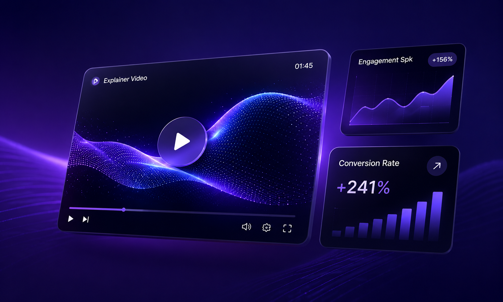 AI-generated video playing in a dashboard, with engagement and conversion panels alongside