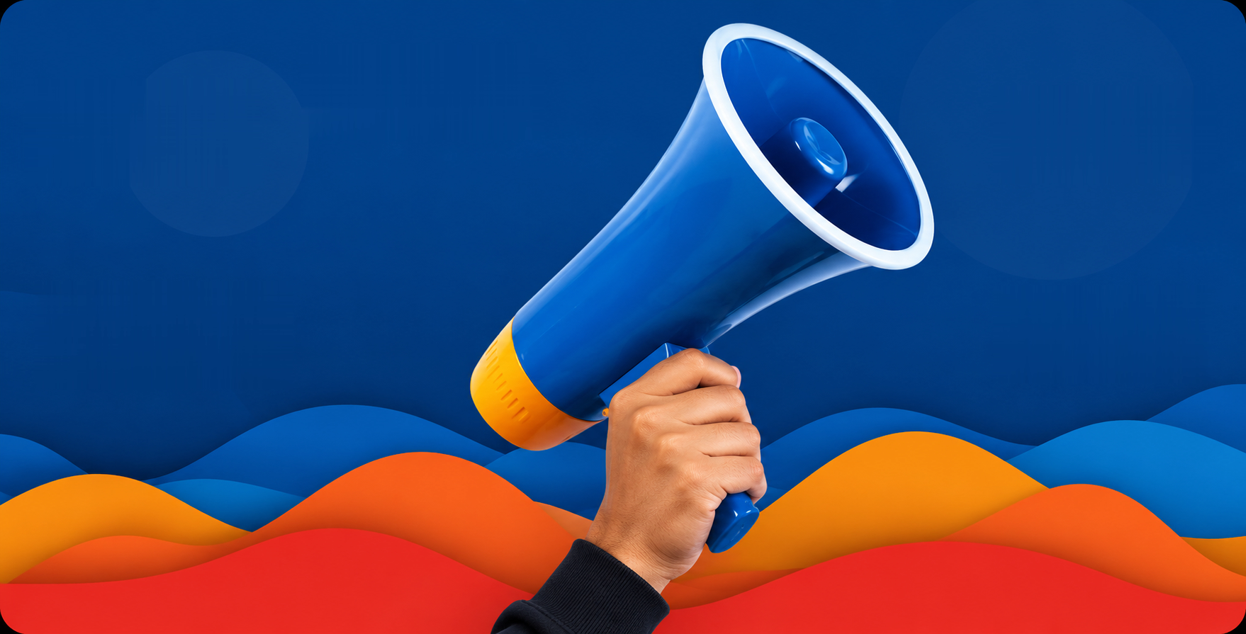A hand raising a megaphone out of colourful marketing waves