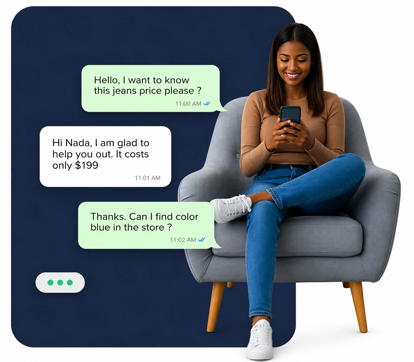 A customer asking a product question and getting an instant automated reply on WhatsApp