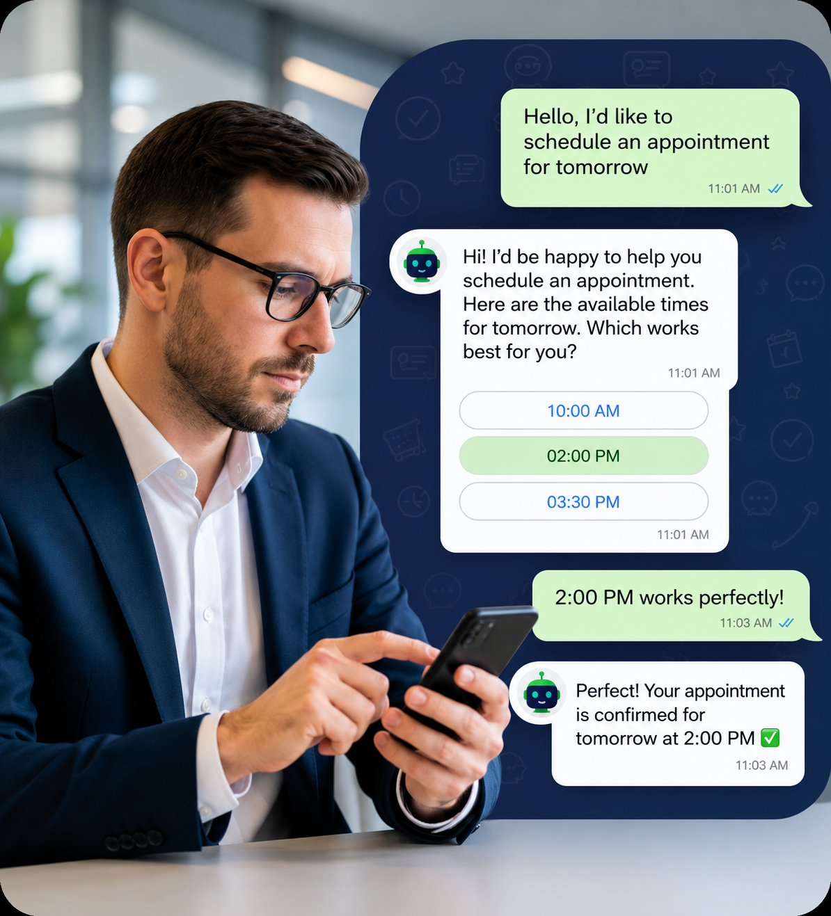 A customer booking an appointment and receiving a confirmation and reminder on WhatsApp