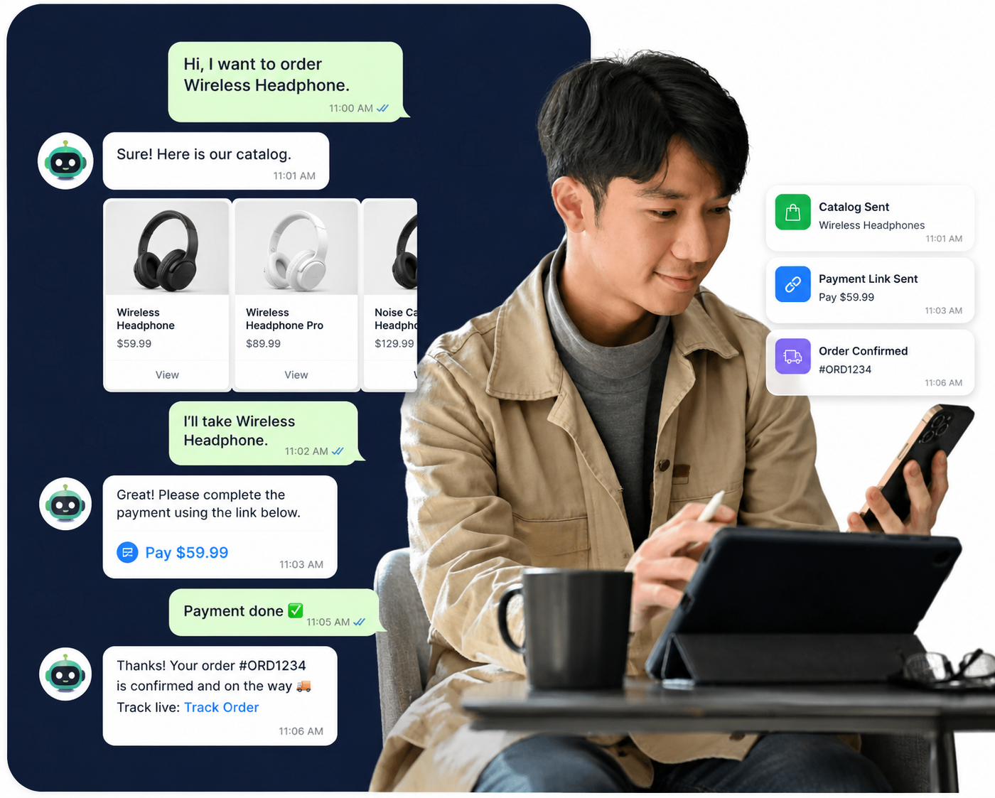A customer browsing a product catalogue, paying and tracking an order on WhatsApp