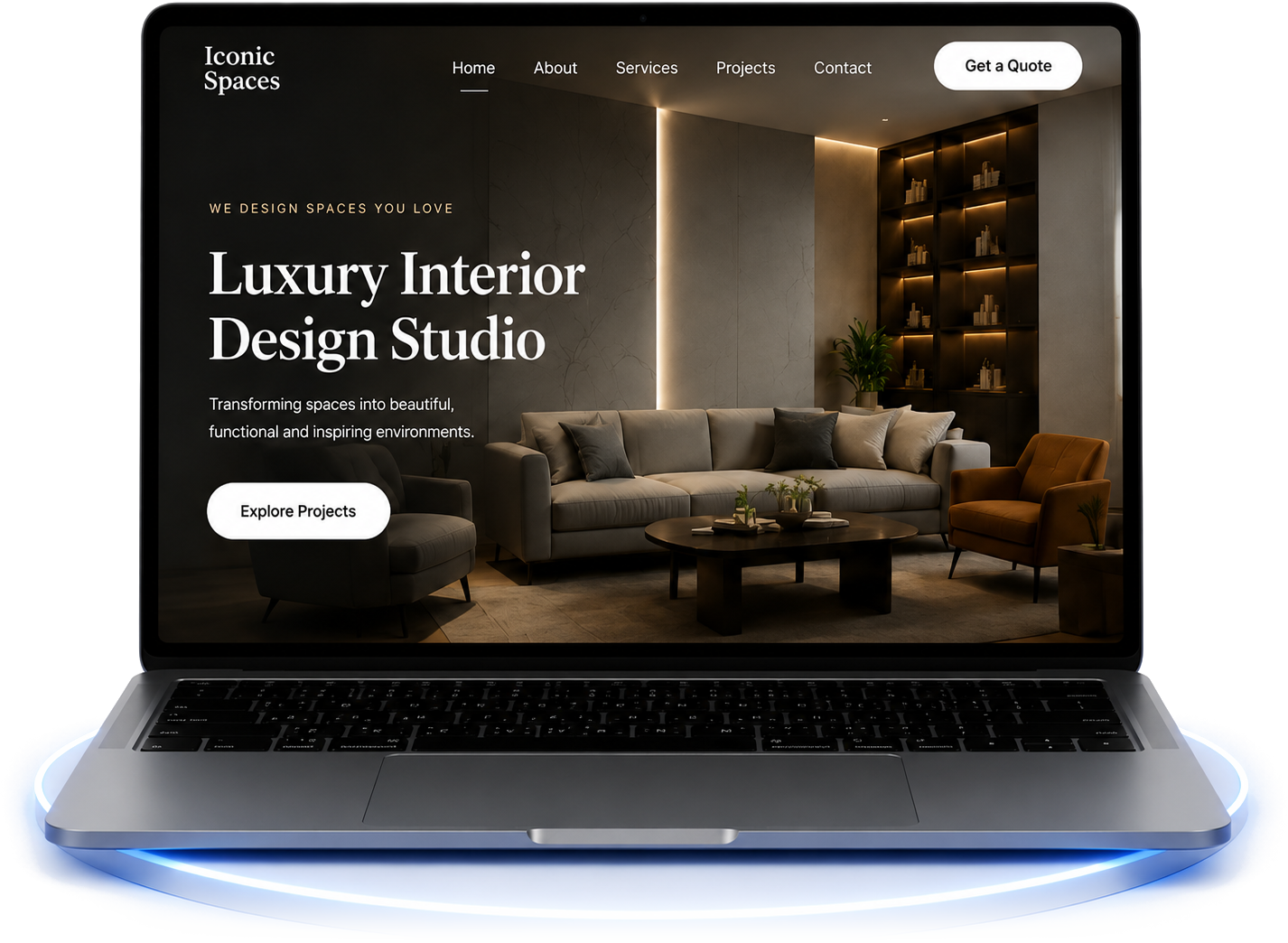 A luxury interior-design studio website shown on a laptop