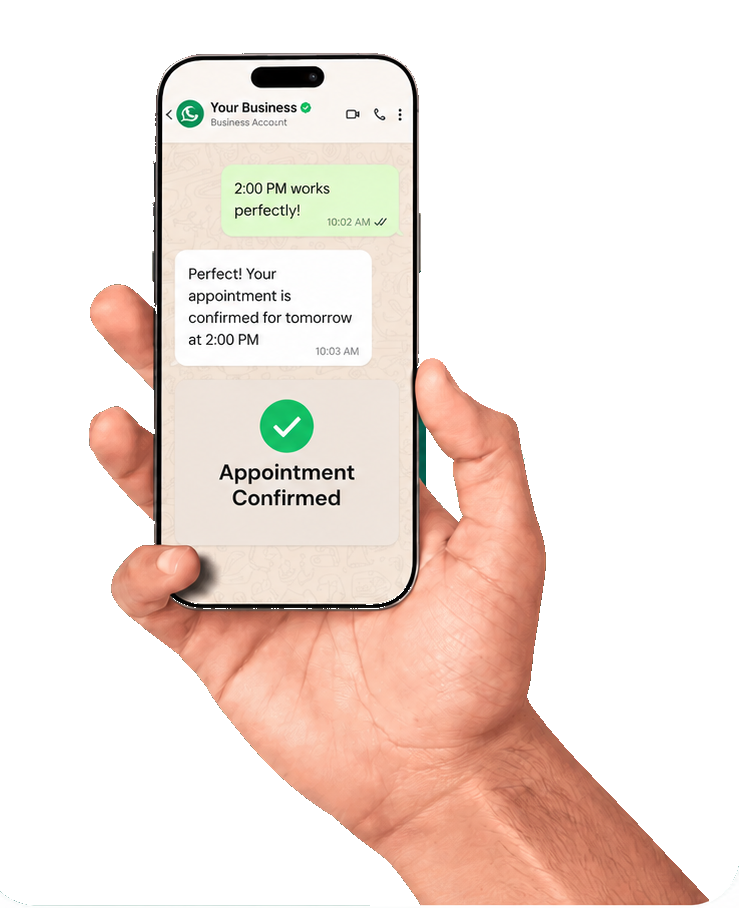 A customer booking an appointment and getting an Appointment Confirmed message on WhatsApp