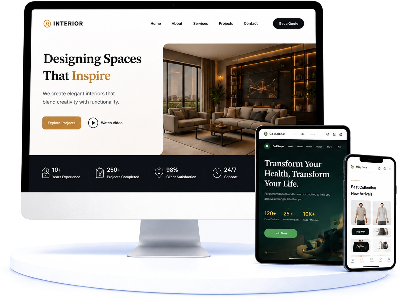 A premium interior-design studio website shown responsively across a desktop monitor, tablet and phone